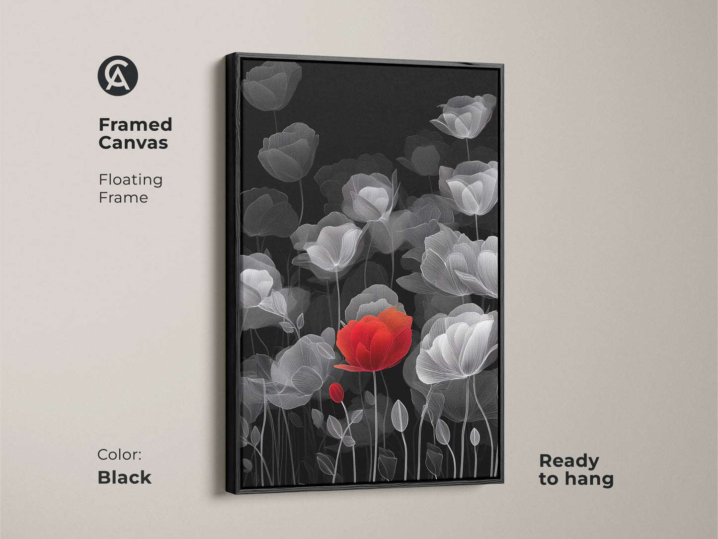 Framed Canvas with floating frame showcasing line art florals. A red poppy adds a pop of color to this modern botanical artwork. The black frame enhances the black and white flower art. This minimalist floral wall art is ready to hang. An elegant and sophisticated wall art piece for living rooms. Perfect as a unique botanical wall hanging.