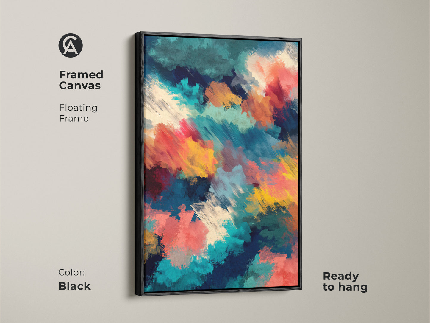 Framed canvas with floating frame featuring abstract artwork. The black frame enhances the colors of teal red and yellow. This modern art piece is ready to hang. A great addition to any home.