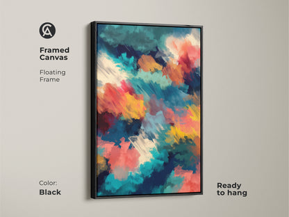 Framed canvas with floating frame featuring abstract artwork. The black frame enhances the colors of teal red and yellow. This modern art piece is ready to hang. A great addition to any home.