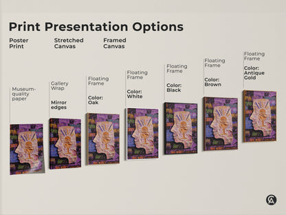 Explore print presentation options for the abstract collage wall art. Choices include poster prints stretched canvas and framed canvas. Each option enhances the head silhouette and microphone motif. Find the perfect match for your eclectic studio decor needs. Choose from museum-quality paper gallery wrap or floating frames.