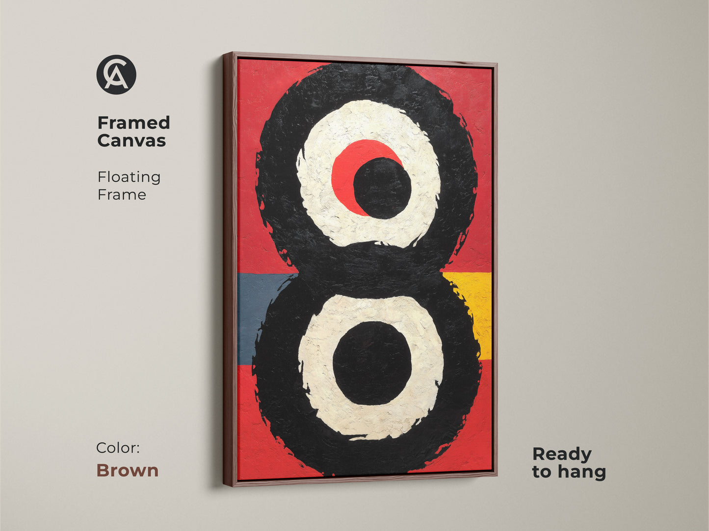 This framed canvas with a brown floating frame features a red black abstract art piece. Geometric circle print perfect for entryway wall decor. A great piece of abstract painting print as housewarming canvas art.