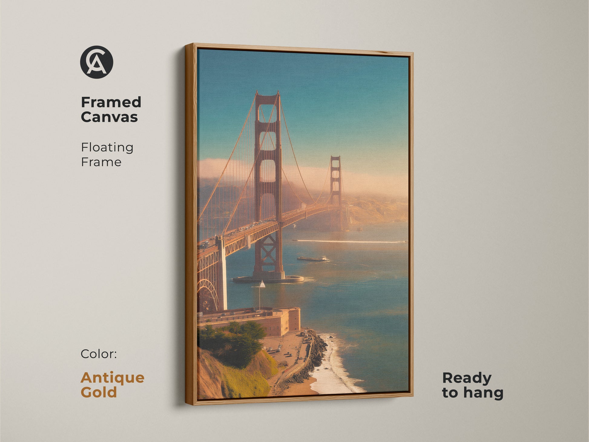 Framed canvas art of the Golden Gate Bridge. The San Francisco artwork features a floating antique gold frame. This ready to hang coastal landscape artwork adds elegance to any room.