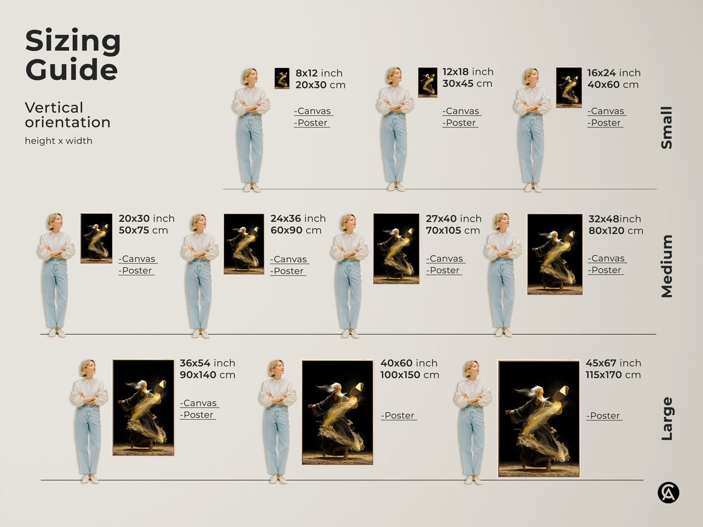 Sizing guide for the old man sage with magic book artwork. See vertical orientation options for canvas and poster prints. Find small medium and large sizes to fit any space art lovers will adore.
