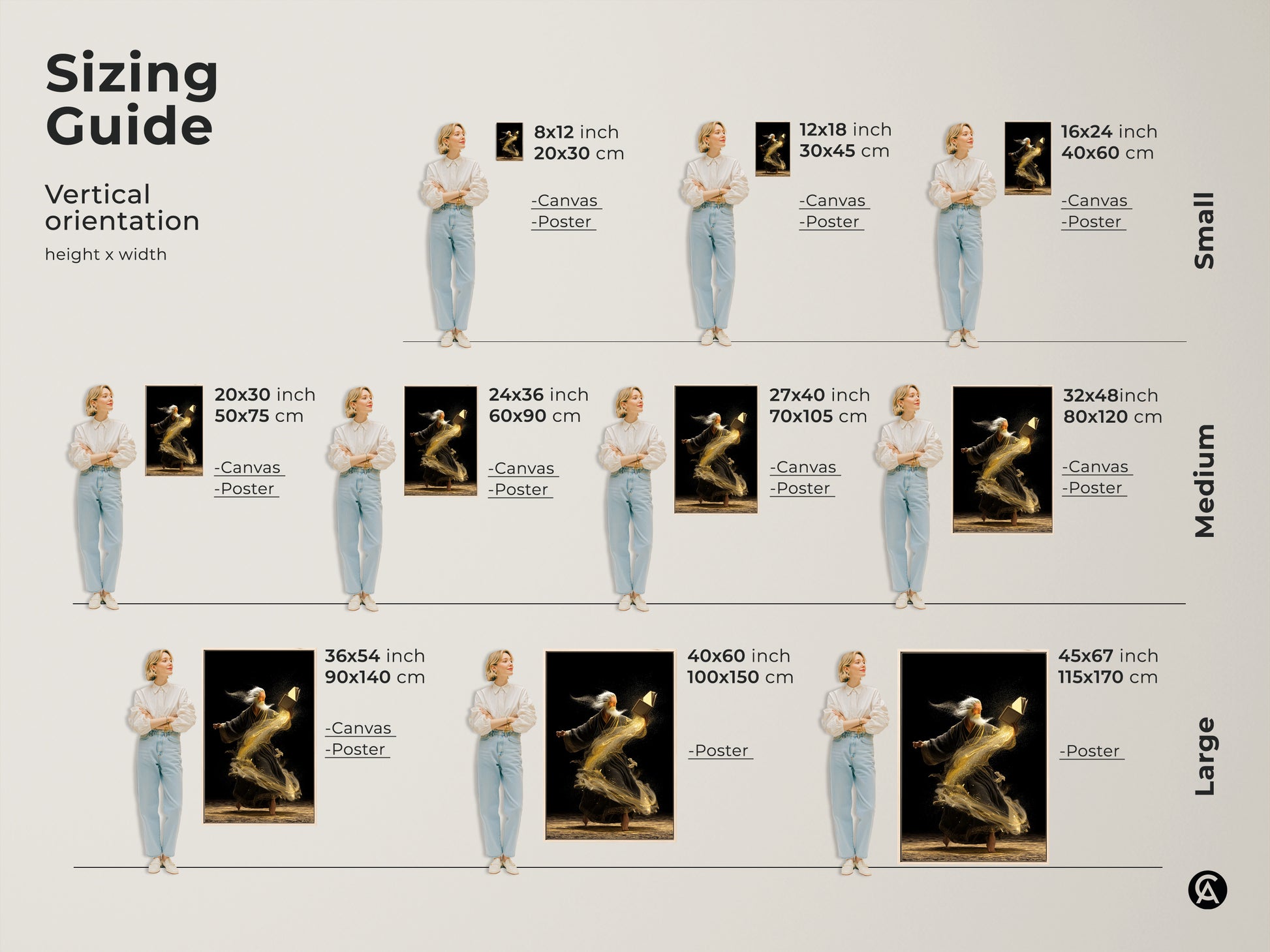 Sizing guide for the old man sage with magic book artwork. See vertical orientation options for canvas and poster prints. Find small medium and large sizes to fit any space art lovers will adore.