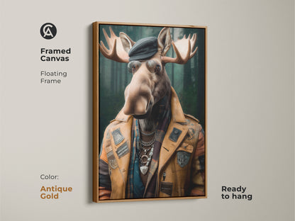 Framed canvas showcasing the 'Dapper Moose' artwork. An antique gold floating frame complements the artwork. This surreal animal portrait adds a stylish touch. It is a unique gift idea for home or office.