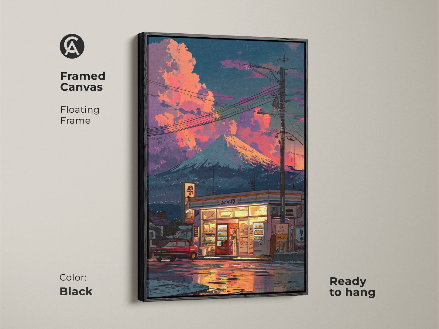 Black framed canvas featuring retro anime wall art. This travel landscape poster shows a Japanese convenience store with Mount Fuji at sunset. It is ready to hang with a floating frame. The bedroom aesthetic decor adds a pop of color. This unique art print is a great gift.
