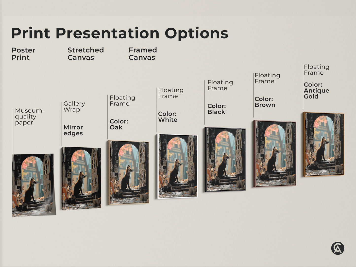 Print presentation options include poster prints and stretched canvas. Framed canvas floating frames come in oak white black brown and antique gold. It is a picture of an Archway Fox Art Print.