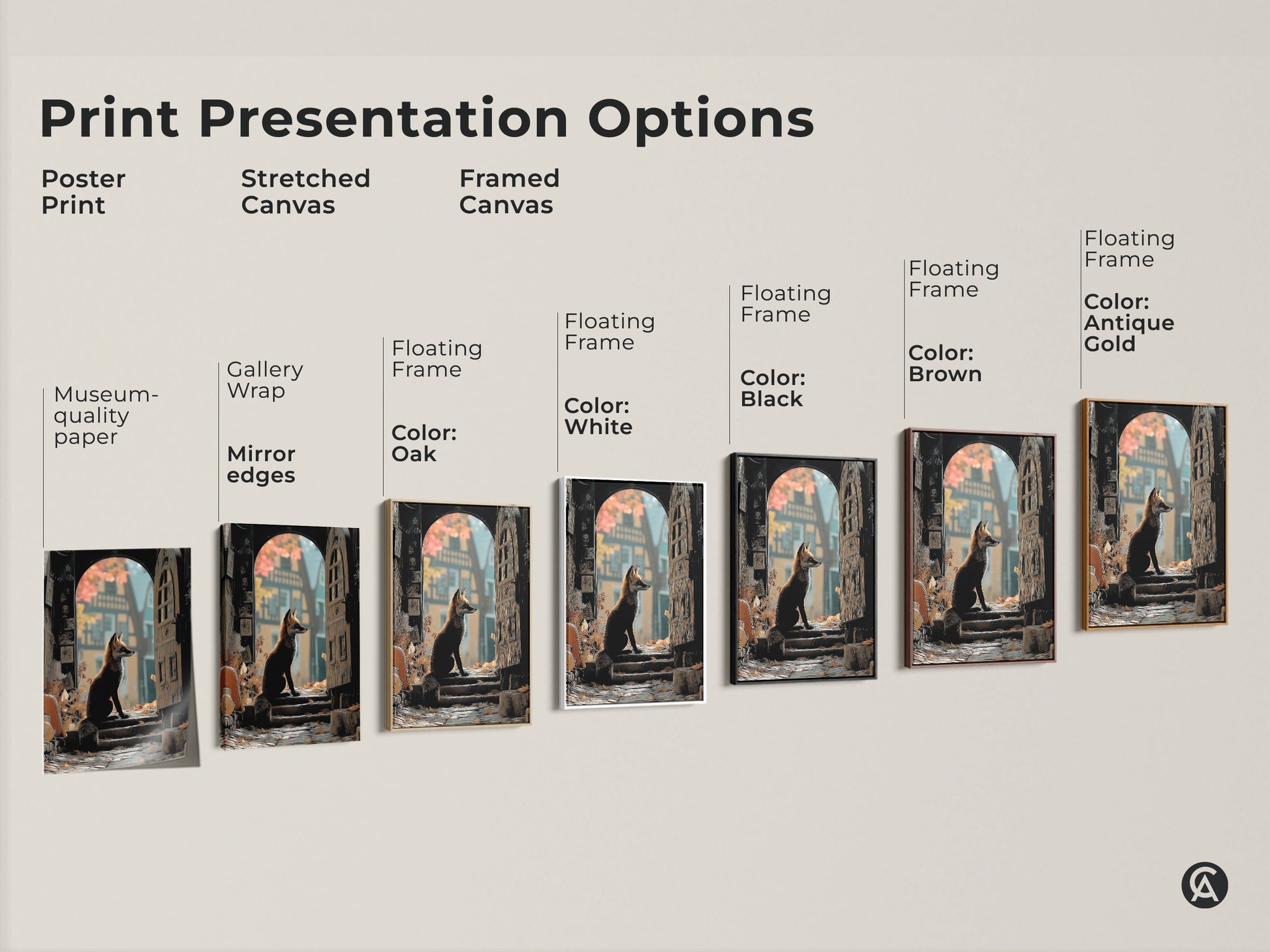 Print presentation options include poster prints and stretched canvas. Framed canvas floating frames come in oak white black brown and antique gold. It is a picture of an Archway Fox Art Print.