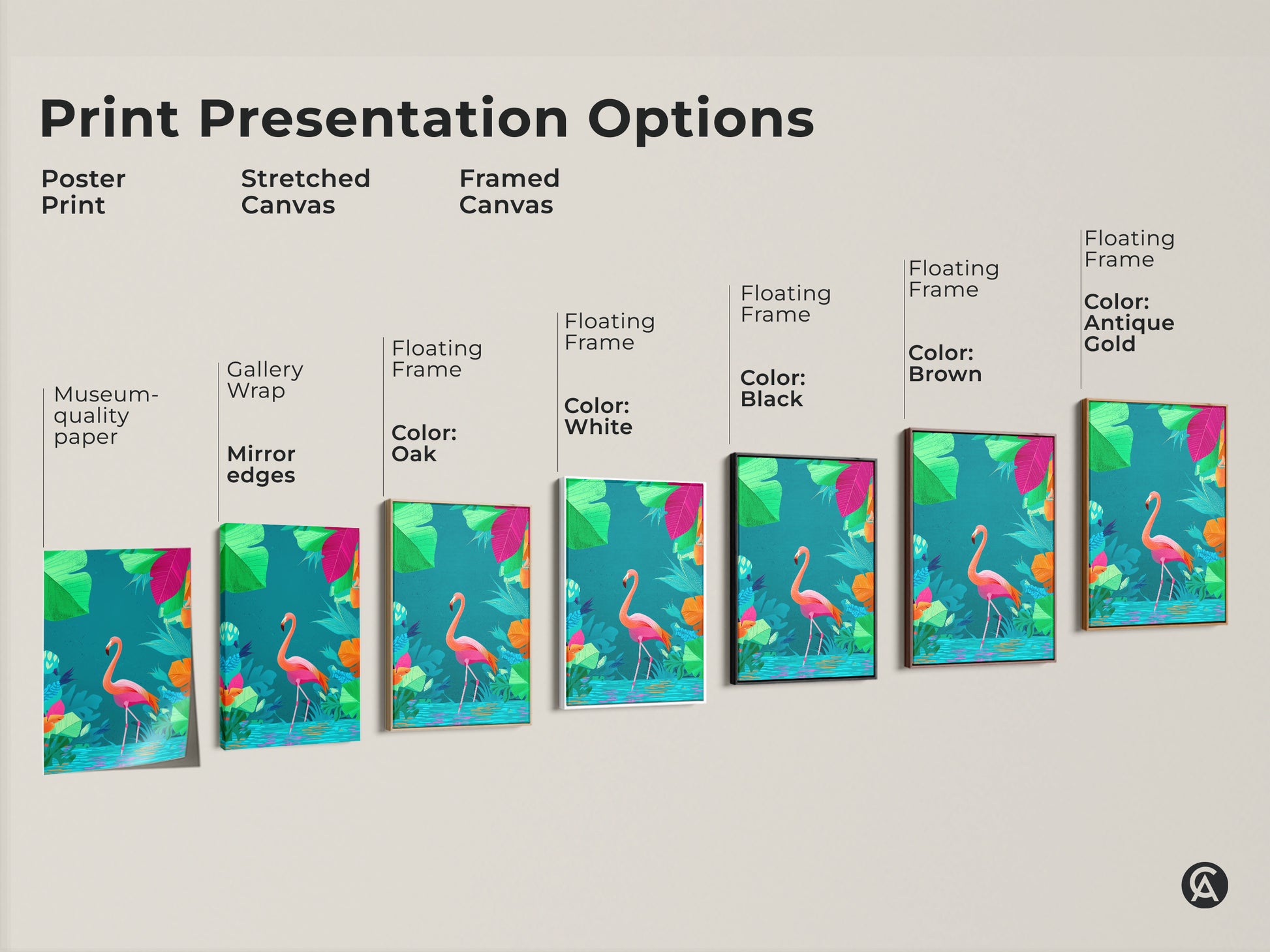 Print presentation options featuring the flamingo artwork. See poster prints stretched canvases and framed canvases. Choose black brown oak white or antique gold frames for your art.