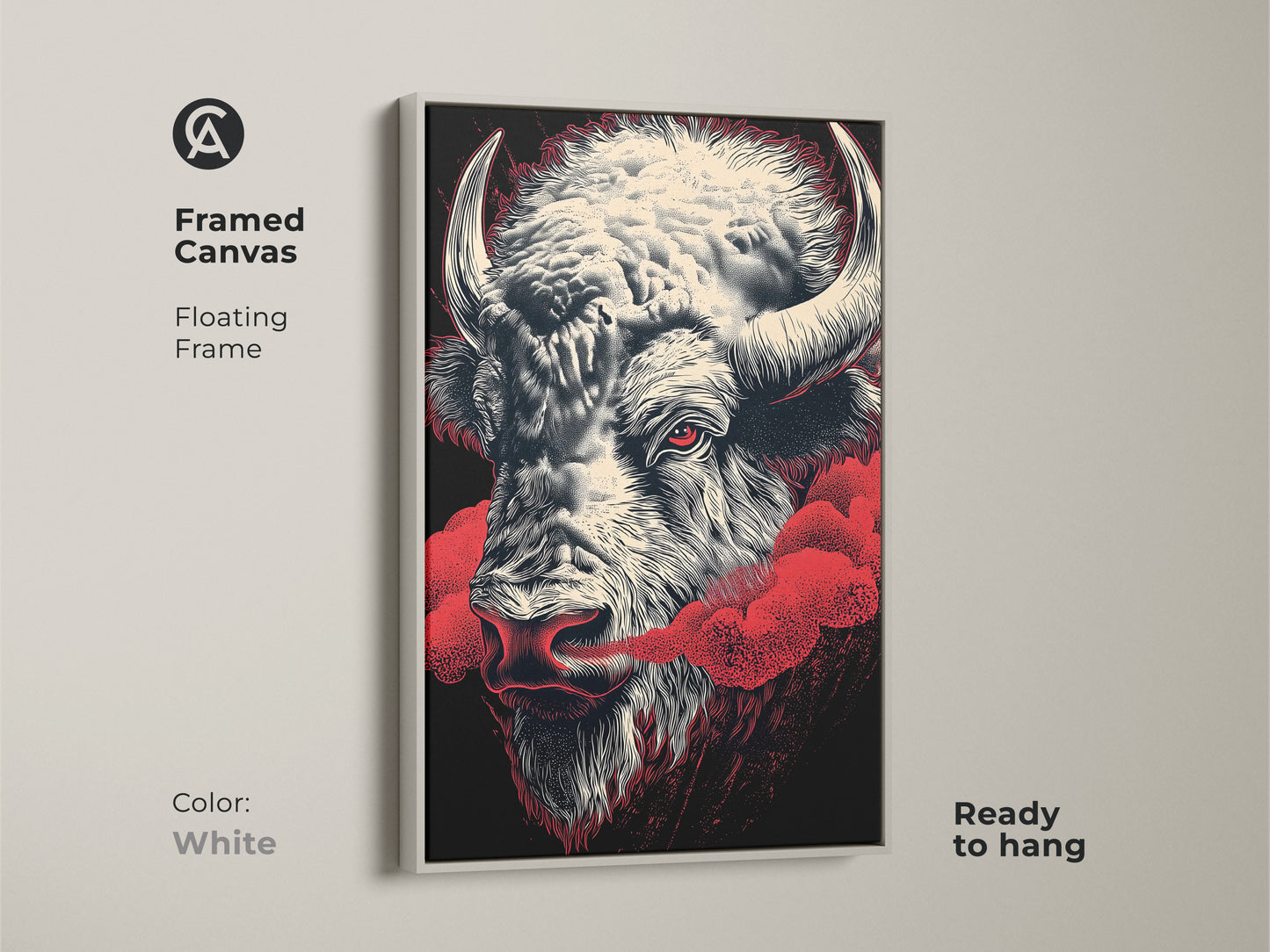 Framed canvas showcasing a bison head with a red eye in a white floating frame. Ready to hang this wildlife art is perfect for modern spaces. This animal print adds a bold touch to any room. Its neutral tones are ideal for farmhouse style.
