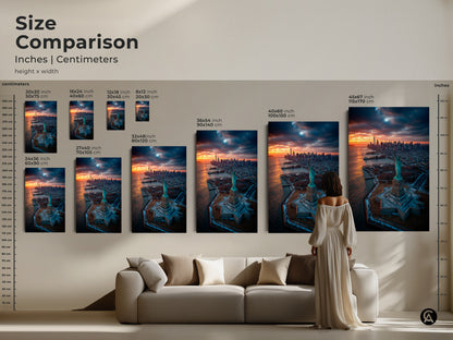 This size comparison showcases various art print sizes. See how each artwork fits in a living space. Sizes range from 20x30 to 45x67 inches. This comparison helps you visualize the perfect art piece.