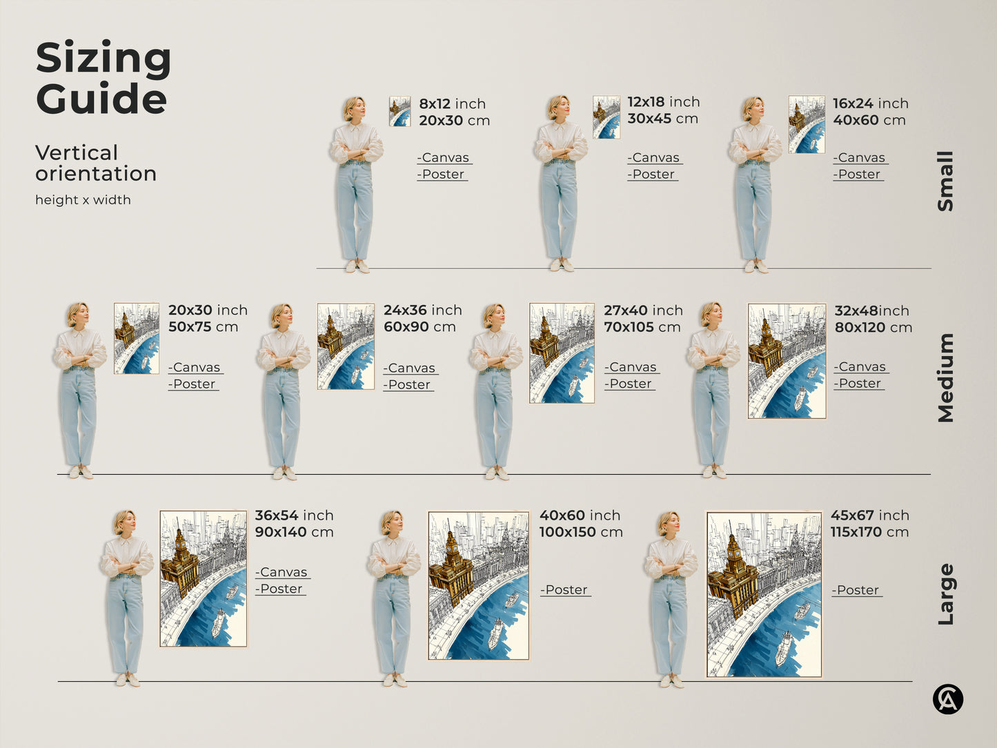 Sizing guide shows the cityscape canvas and poster prints in various vertical sizes. Choose from small medium and large options. This golden yellow and deep blue artwork fits any wall.