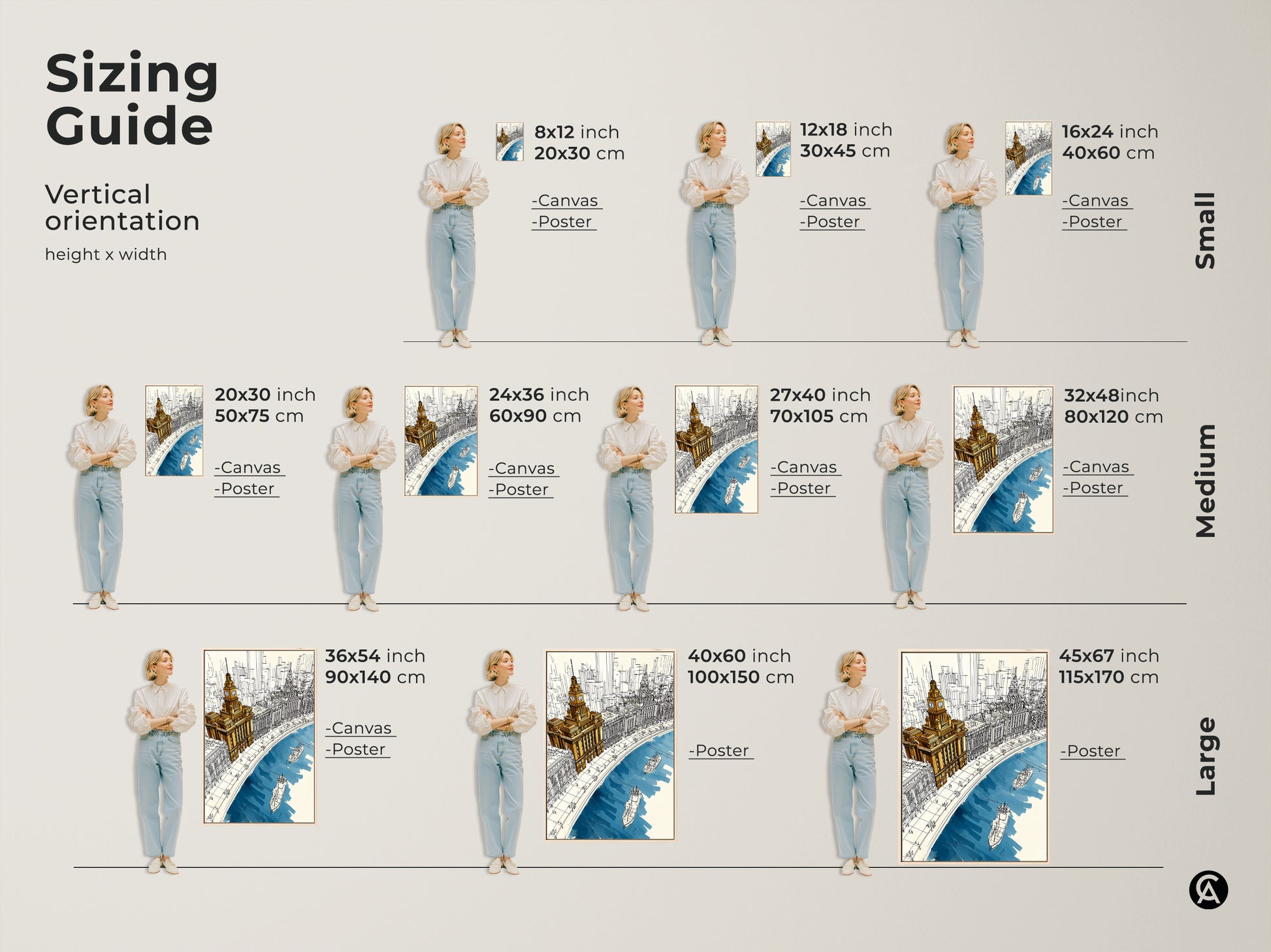 Sizing guide shows the cityscape canvas and poster prints in various vertical sizes. Choose from small medium and large options. This golden yellow and deep blue artwork fits any wall.