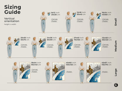 Sizing guide shows the cityscape canvas and poster prints in various vertical sizes. Choose from small medium and large options. This golden yellow and deep blue artwork fits any wall.