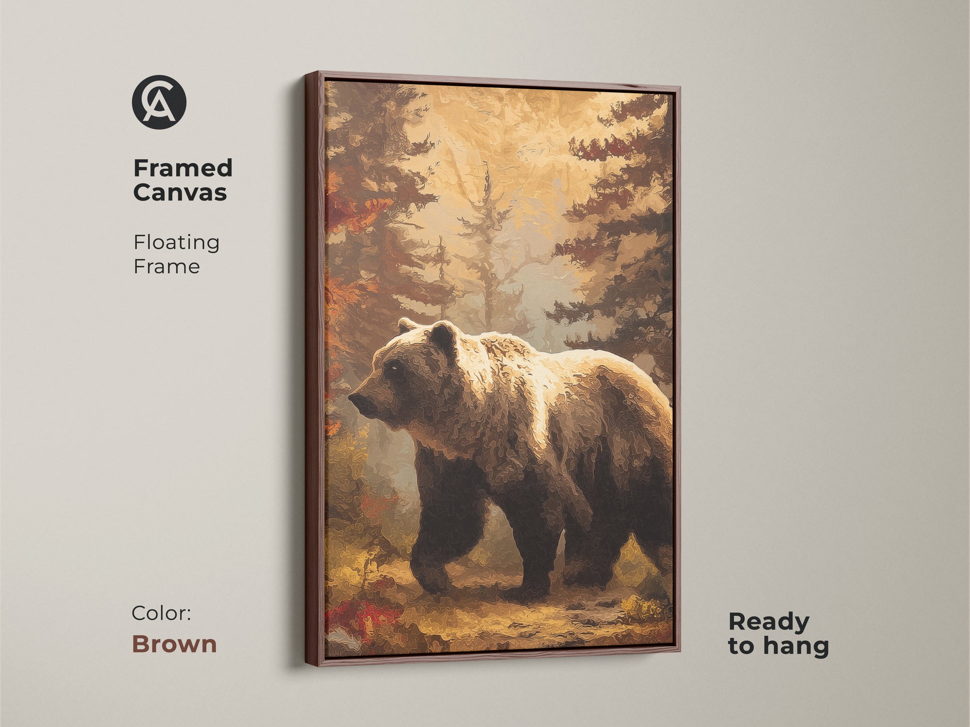 Framed canvas displays a bear in a brown floating frame. This rustic woodland wall art features a golden yellow bear. This wildlife animal painting is ready to hang.