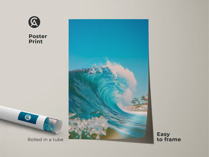 Poster print of a vibrant ocean wave. This museum-quality paper captures the beauty of the sea. It comes rolled in a tube for easy framing. Perfect for ocean art lovers. Shop Today!
