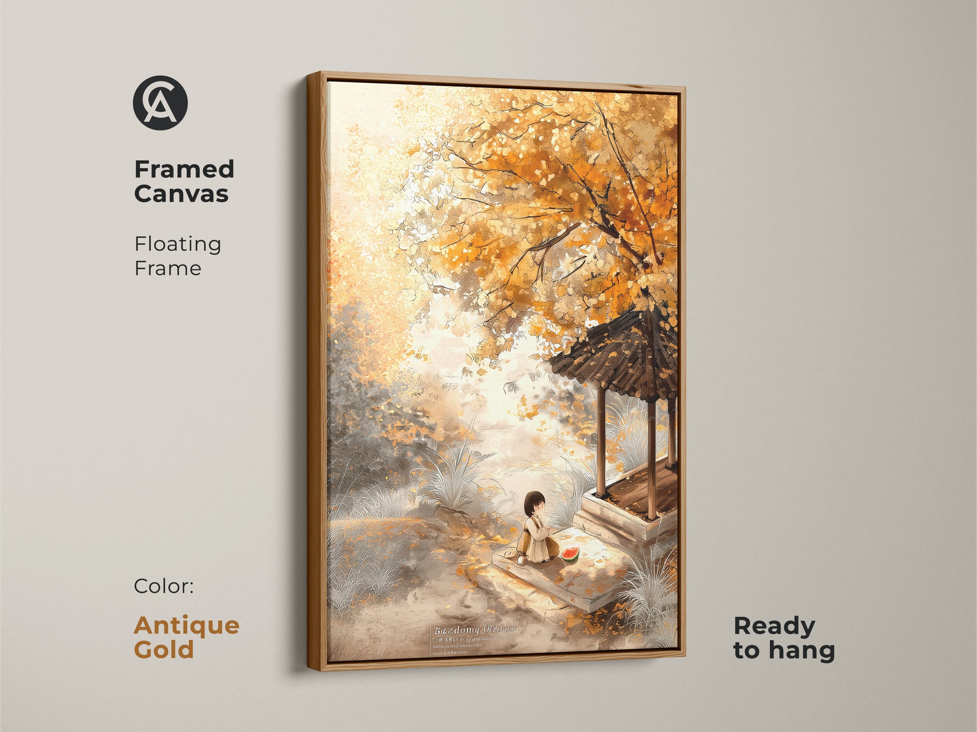 Antique gold frame highlights a serene autumn canvas artwork. A girl enjoys watermelon by a pagoda in this elegant piece. The floating frame is ready to hang. This artwork adds a touch of sophistication.