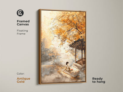 Antique gold frame highlights a serene autumn canvas artwork. A girl enjoys watermelon by a pagoda in this elegant piece. The floating frame is ready to hang. This artwork adds a touch of sophistication.