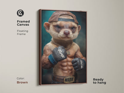 A Framed Canvas of a cool animal print of a meerkat fighter. It has a floating brown frame. This streetwear animal art is ready to hang. The photorealistic animal artwork will make a unique gift. Perfect as boxing animal artwork