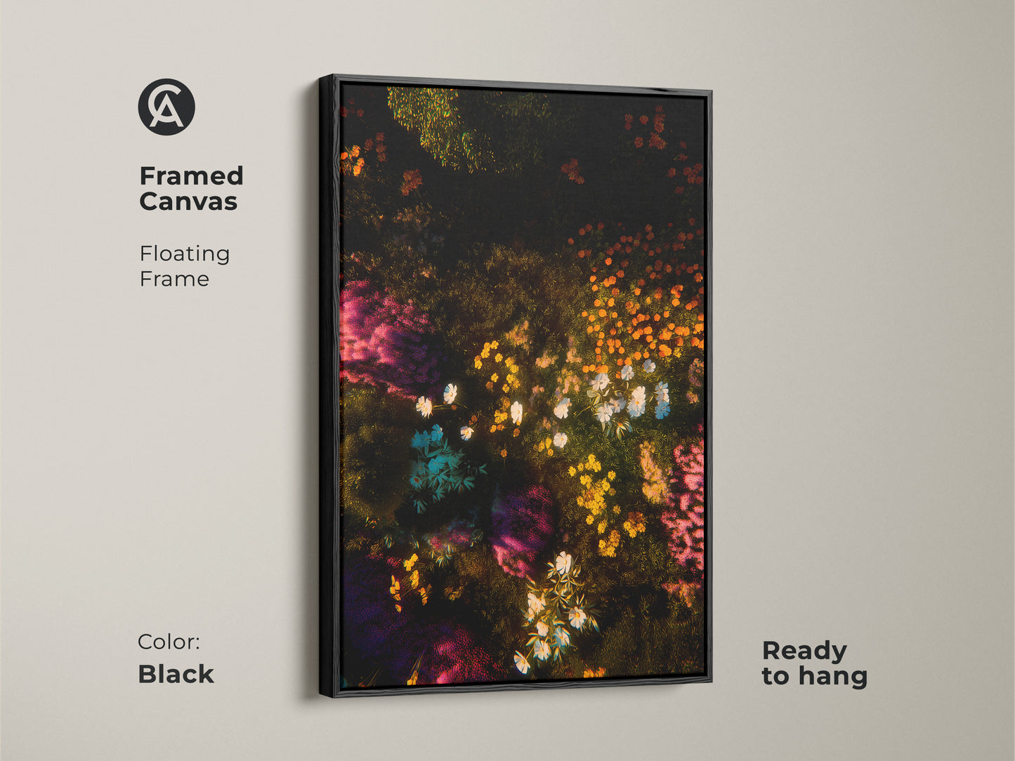 Framed canvas with a black floating frame showcasing floral artwork. The art features a dark background with colorful flowers in an array of colors. Ready to hang this framed canvas is a great addition to your home decor collection.