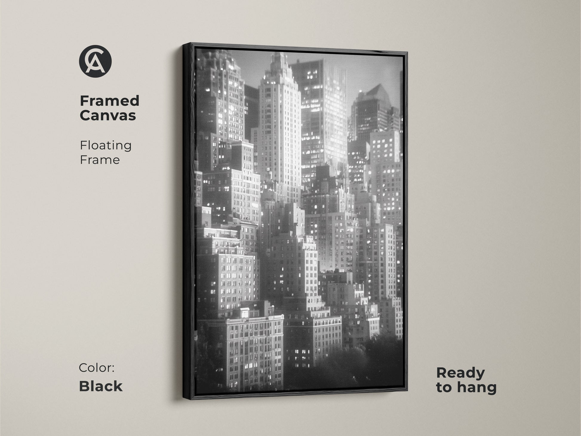 This framed canvas features a floating frame in black. The black and white skyline artwork is ready to hang. Add a modern touch to your home with this NYC cityscape art.
