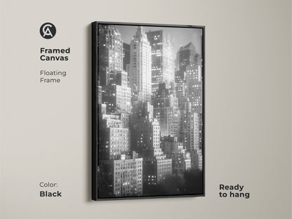 This framed canvas features a floating frame in black. The black and white skyline artwork is ready to hang. Add a modern touch to your home with this NYC cityscape art.
