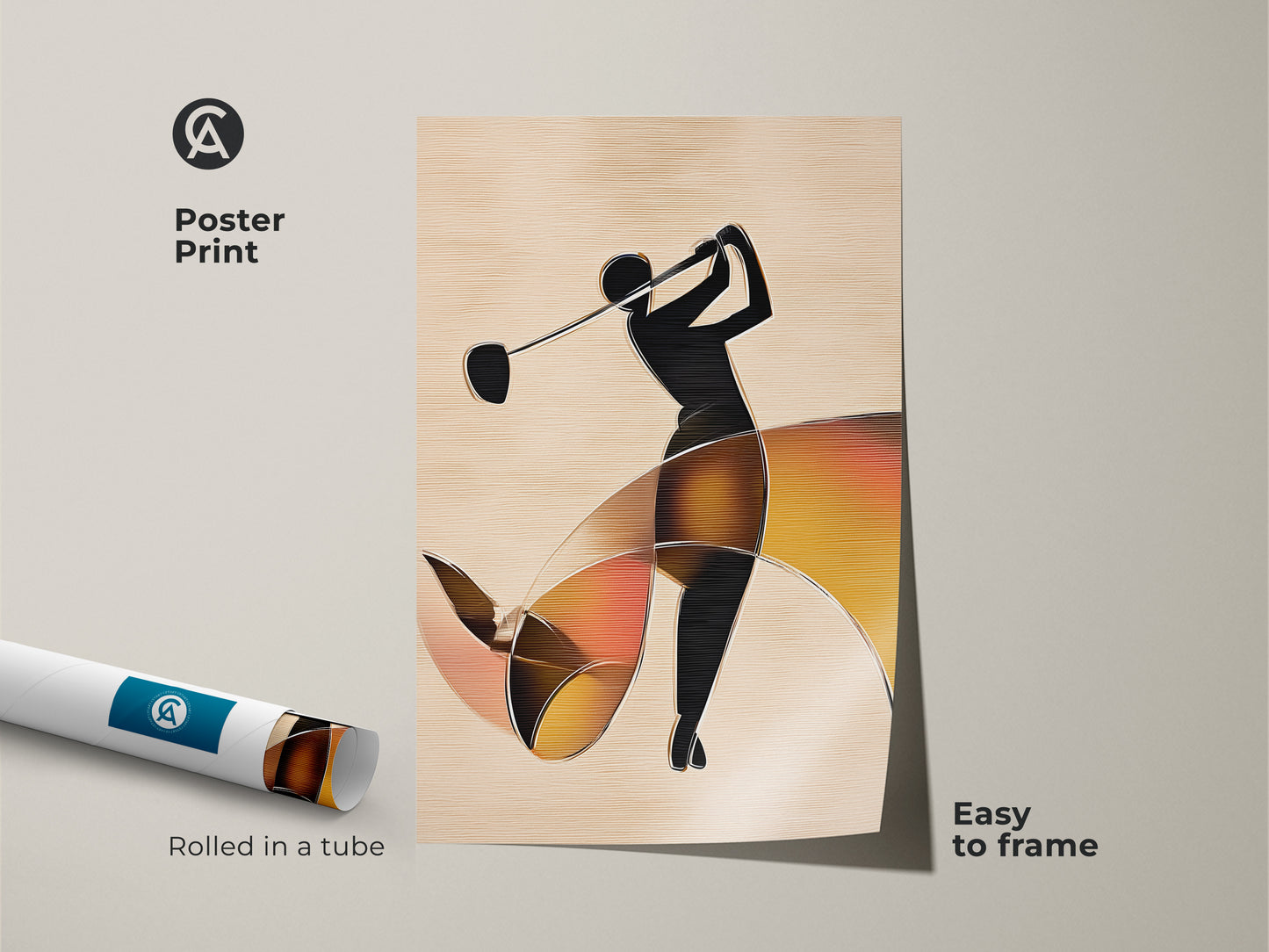 Abstract golfer poster print. Easy to frame. Features a black golfer silhouette and flowing orange accents. Modern sports artwork perfect as a golf lover gift idea.