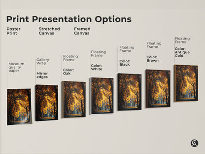 Print presentation options for autumn forest art. Choose from poster print stretched canvas or framed canvas. Options include gallery wrap and floating frames. Showcase museum quality fine art prints.