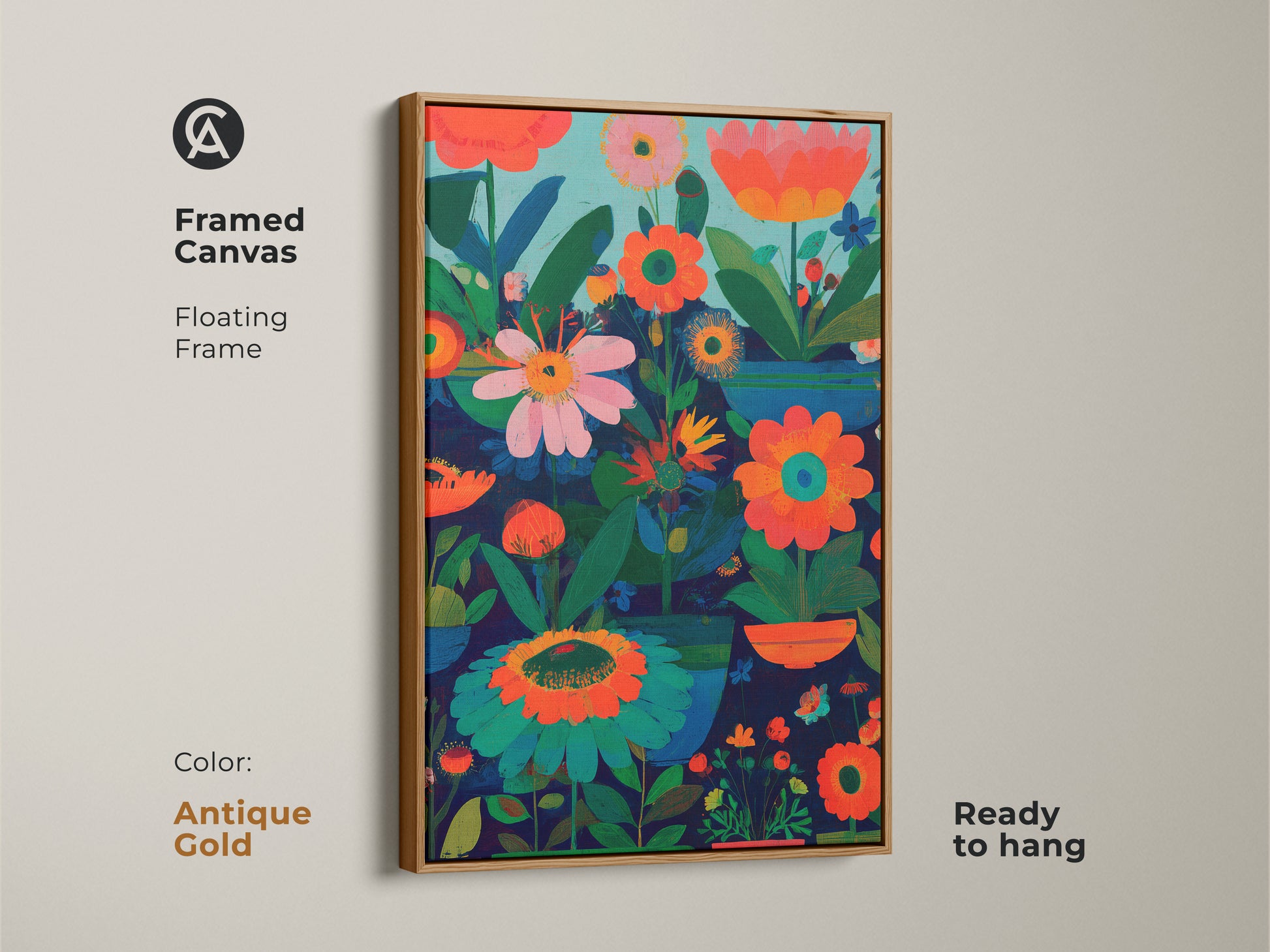 Framed canvas with a floating frame showcasing abstract botanical artwork. This modern folk art print features dark blue orange and teal tones. Ready to hang this boho floral decor is perfect for plant lovers. It adds vibrant color to bedroom wall art and eclectic living room decor.