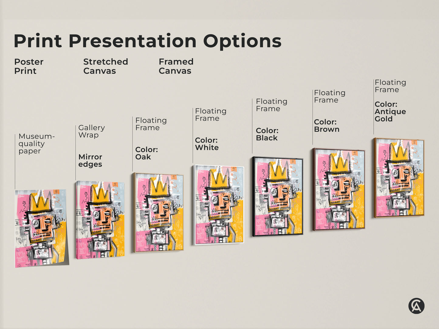 Explore Print Presentation Options for Graffiti-Style King Artwork. Choose from poster prints stretched canvas and framed canvas. Customize with floating frames in colors like white black brown and antique gold. Find the perfect museum-quality art for your space.