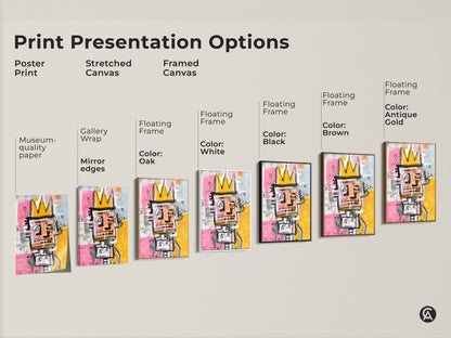 Explore Print Presentation Options for Graffiti-Style King Artwork. Choose from poster prints stretched canvas and framed canvas. Customize with floating frames in colors like white black brown and antique gold. Find the perfect museum-quality art for your space.