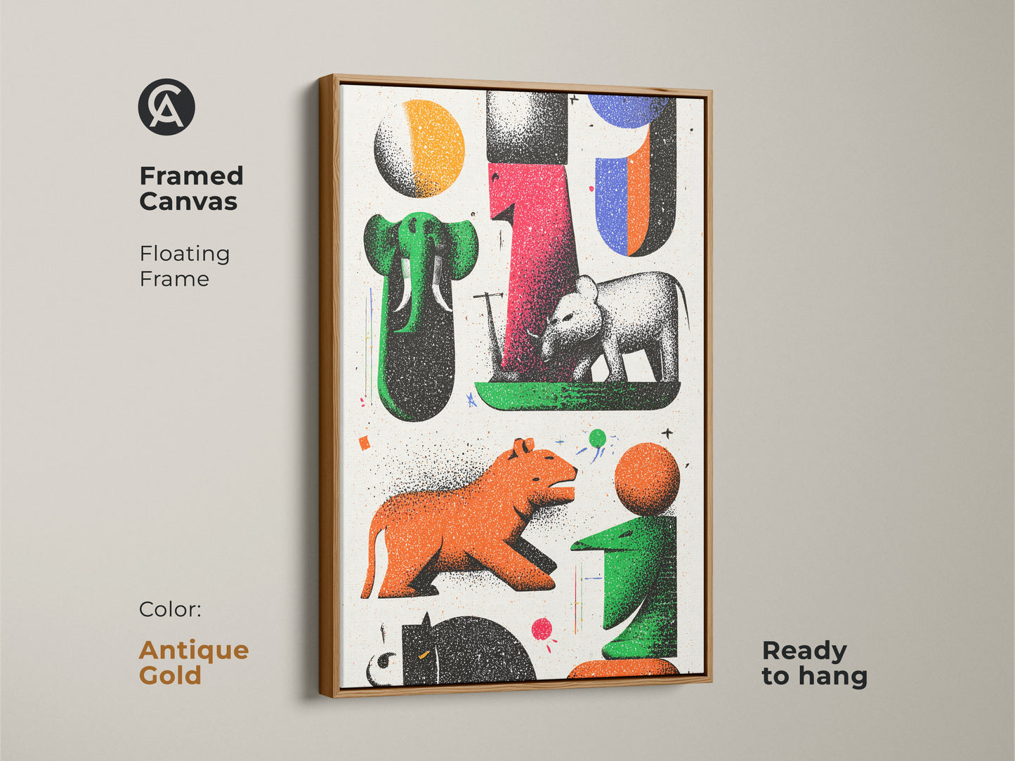 The framed canvas in antique gold displays modern folk art with abstract animals. The floating frame enhances the retro animal canvas art. Its eclectic wall decor features green red and orange tones. The artwork includes elephants and tigers in an abstract style. Ready to hang this piece adds elegance to any room. It’s a special gift for housewarmings.