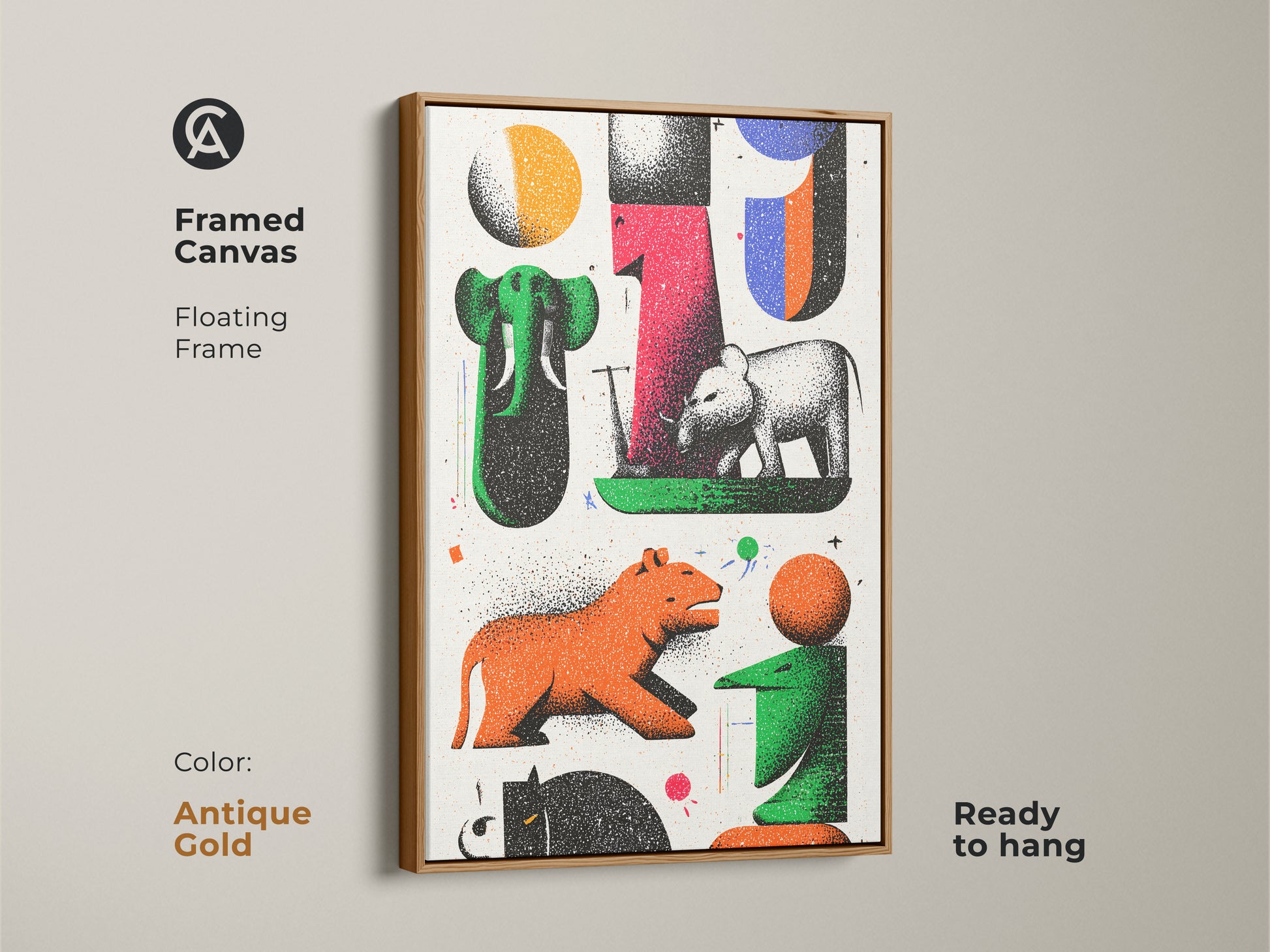 The framed canvas in antique gold displays modern folk art with abstract animals. The floating frame enhances the retro animal canvas art. Its eclectic wall decor features green red and orange tones. The artwork includes elephants and tigers in an abstract style. Ready to hang this piece adds elegance to any room. It’s a special gift for housewarmings.