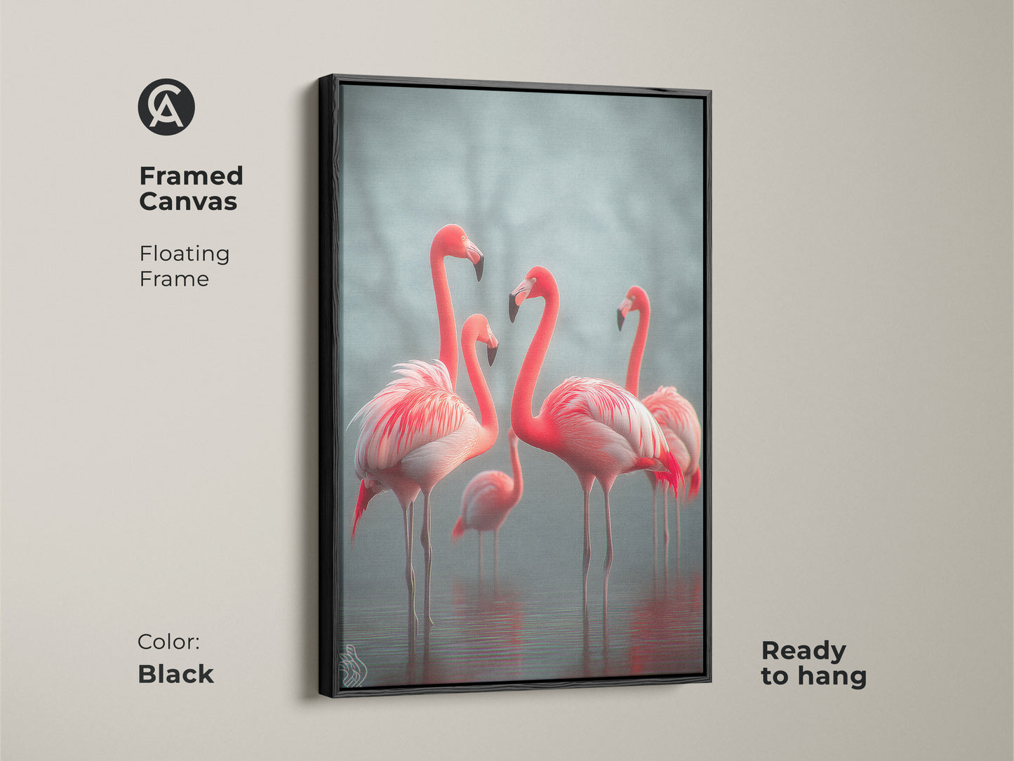 Framed canvas featuring elegant flamingos ready to hang in your home. The black floating frame enhances the photorealistic wildlife art. This coastal coral pink and teal artwork brings a serene touch. Ideal for bird lovers this framed print elevates any bedroom decor. A sophisticated housewarming gift.