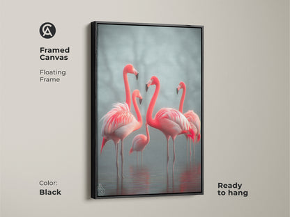 Framed canvas featuring elegant flamingos ready to hang in your home. The black floating frame enhances the photorealistic wildlife art. This coastal coral pink and teal artwork brings a serene touch. Ideal for bird lovers this framed print elevates any bedroom decor. A sophisticated housewarming gift.