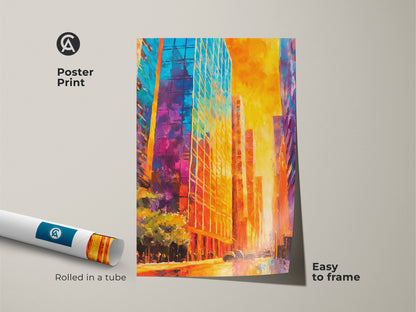 Urban art poster print showcasing a vibrant city. The artwork comes rolled in a tube for easy framing. This colorful city poster is a great way to add art to your walls. Discover affordable city art prints online today