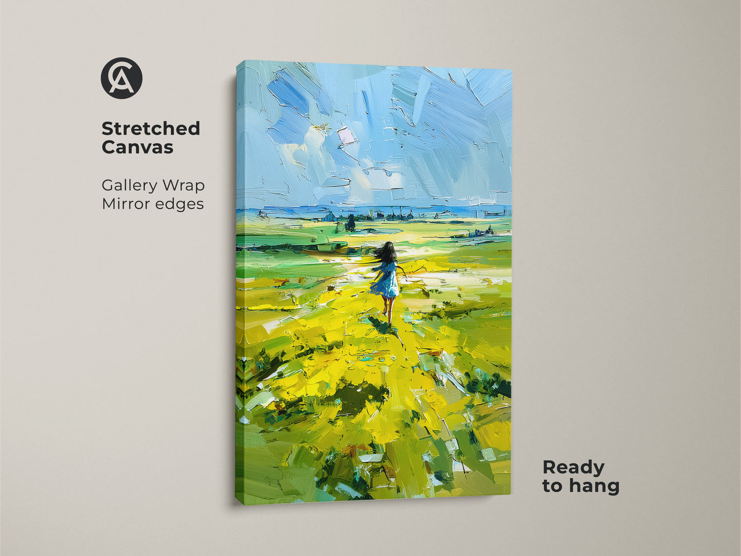 Stretched Canvas of a Girl in Yellow Field. This boho landscape wall decor showcases an impressionist nature painting. It is ready to hang and adds a touch of summer to any room. The textured field art print evokes a sense of freedom and joy. Perfect as kids room nature decor.