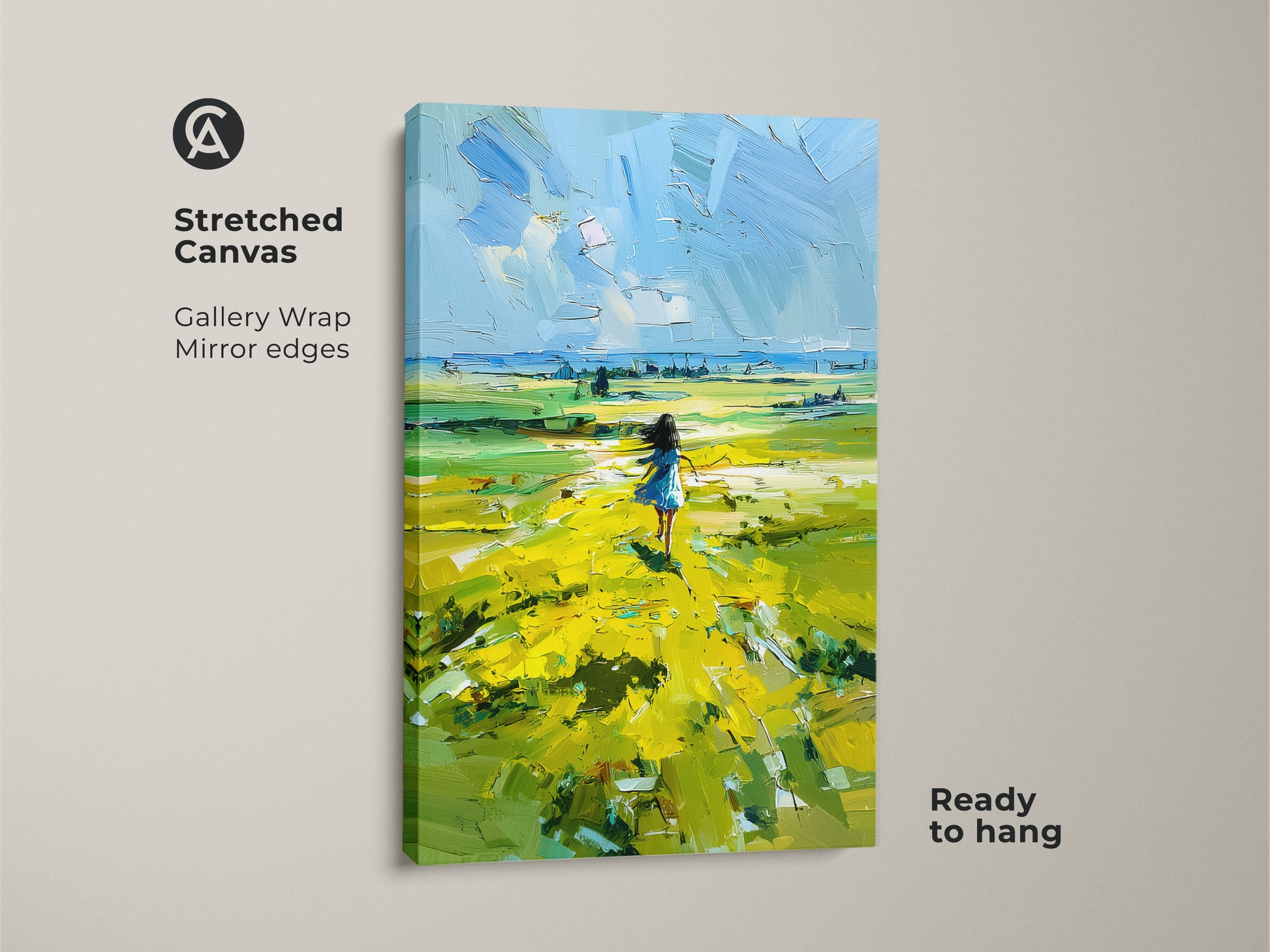 Stretched Canvas of a Girl in Yellow Field. This boho landscape wall decor showcases an impressionist nature painting. It is ready to hang and adds a touch of summer to any room. The textured field art print evokes a sense of freedom and joy. Perfect as kids room nature decor.