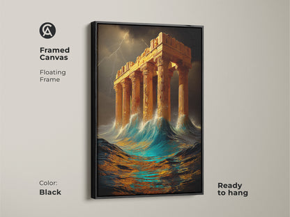 Black framed canvas of a stormy sea and Greek temple artwork. A mythology art print that's ready to hang. Floating frame adds an elegant touch to your eclectic home decor. Ideal for ancient history lovers and anyone who appreciates architectural art.