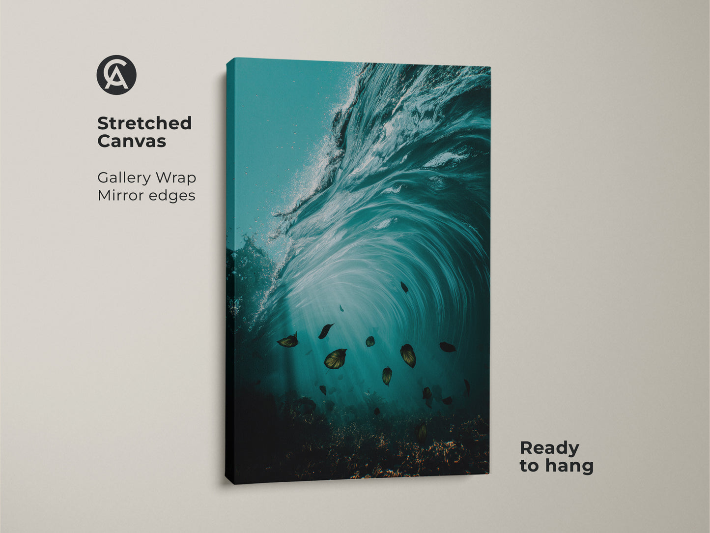 Stretched canvas of underwater ocean wave art. Teal aqua gallery wrap with mirror edges. Ready to hang surrealism wall art print. The ocean swirl artwork is perfect deep teal bedroom art.
