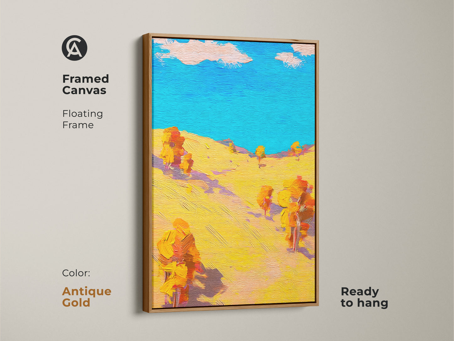Framed in antique gold this abstract landscape artwork is ready to hang. The colorful nature art will add a touch of sophistication to your home. The vibrant autumn trees canvas is great as wall decor.