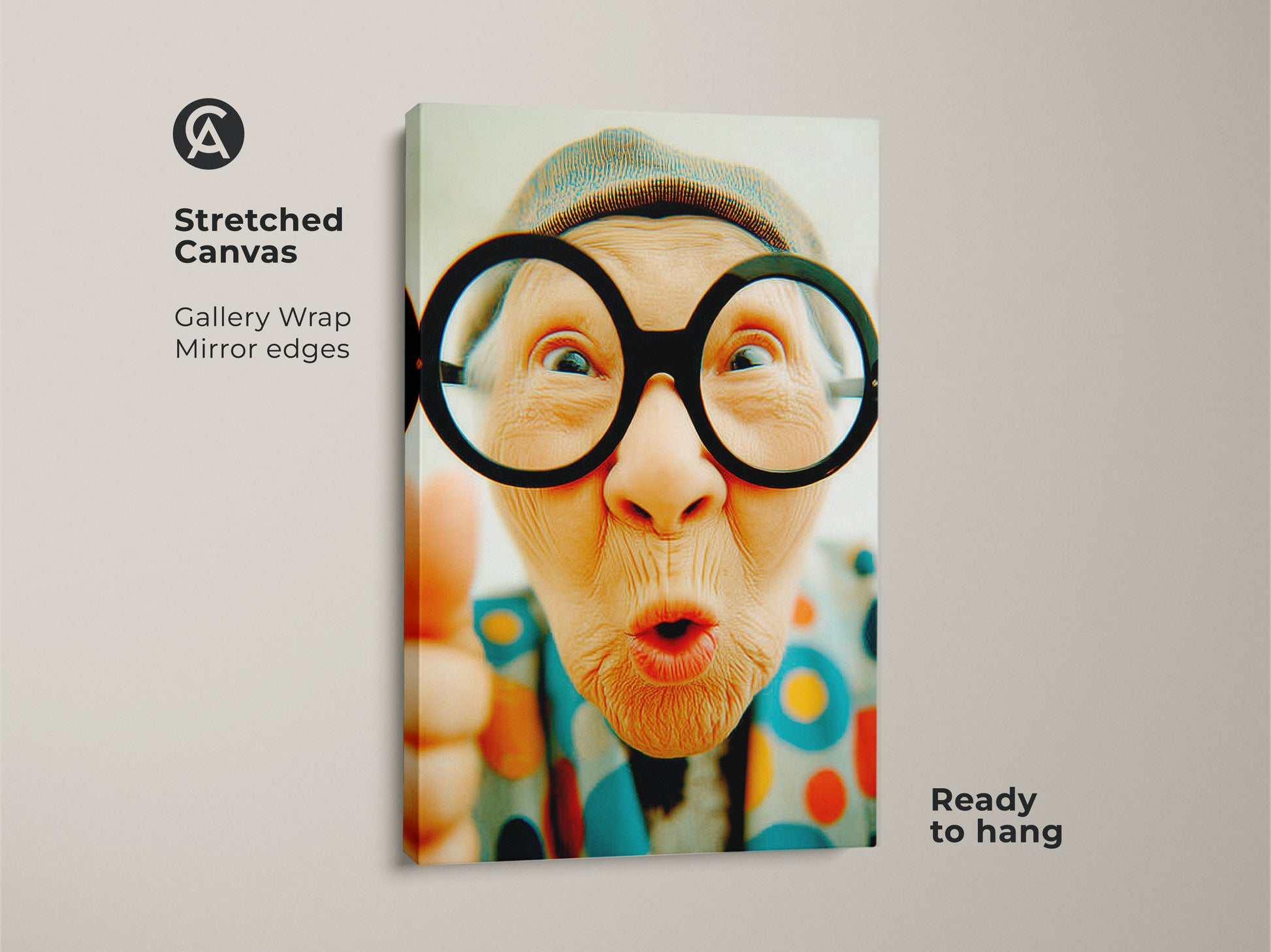 Stretched canvas artwork featuring a whimsical senior woman with big glasses. The gallery wrap has mirrored edges. This vibrant artwork is ready to hang adding a pop of fun to any space.