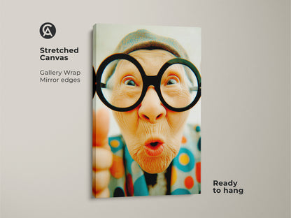 Stretched canvas artwork featuring a whimsical senior woman with big glasses. The gallery wrap has mirrored edges. This vibrant artwork is ready to hang adding a pop of fun to any space.