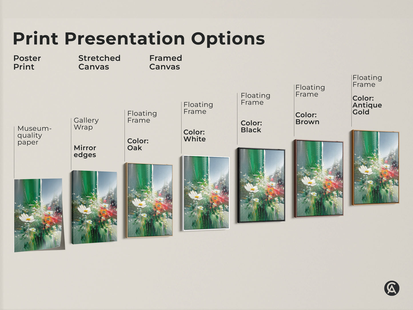 Explore various print presentation options for this artwork. Options include poster print stretched canvas and framed canvas. Select from museum-quality paper or gallery wrap. Customize with a floating frame in white black brown or antique gold.