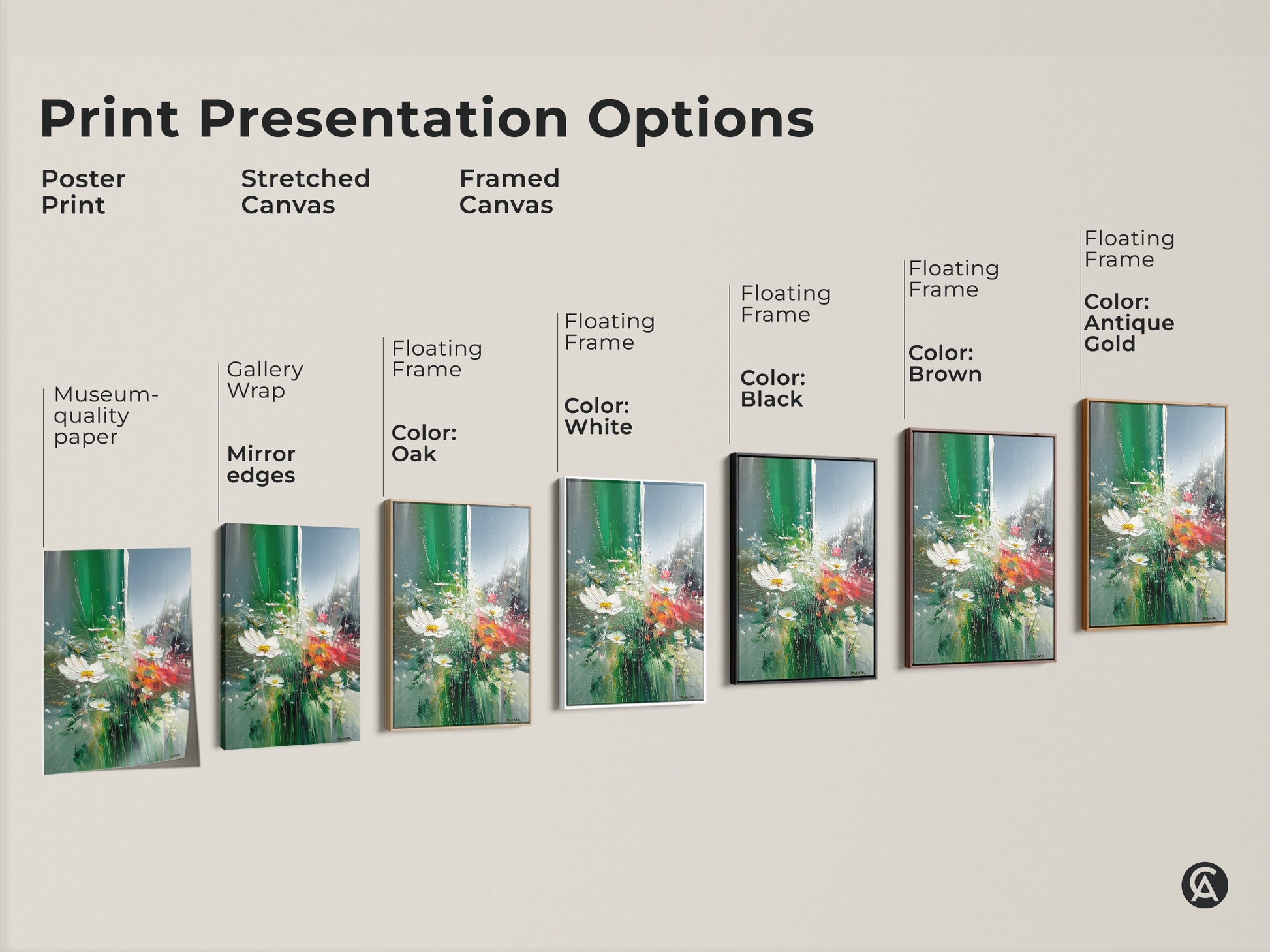 Explore various print presentation options for this artwork. Options include poster print stretched canvas and framed canvas. Select from museum-quality paper or gallery wrap. Customize with a floating frame in white black brown or antique gold.