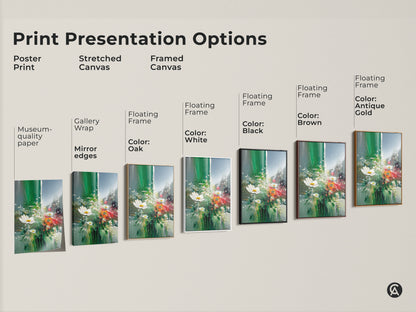 Explore various print presentation options for this artwork. Options include poster print stretched canvas and framed canvas. Select from museum-quality paper or gallery wrap. Customize with a floating frame in white black brown or antique gold.