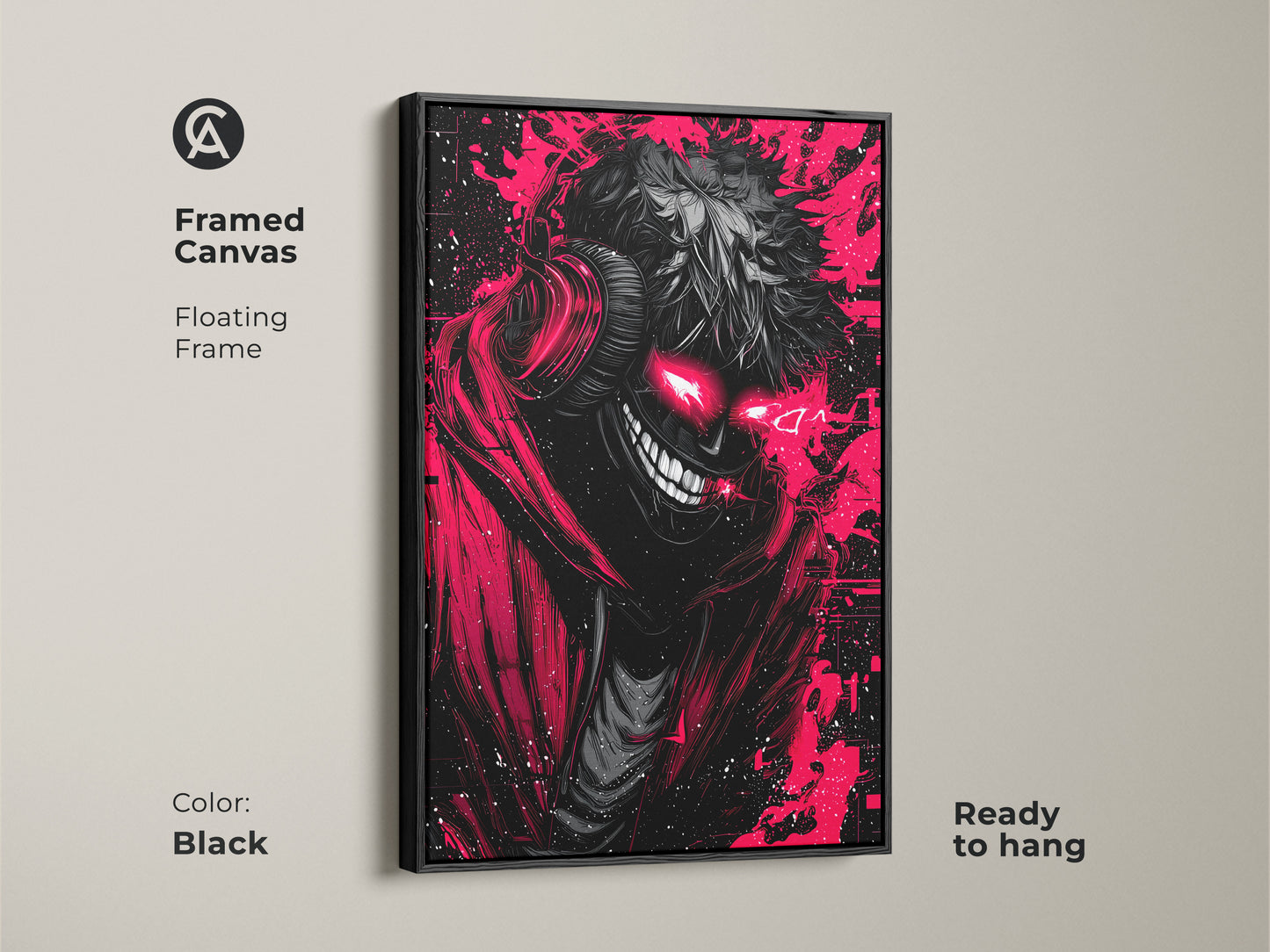 Framed canvas of a red and black demon artwork with a floating frame. The demon art features glowing red eyes and a sinister grin. Ready to hang in a black frame. Shop now.
