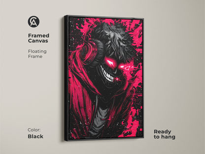 Framed canvas of a red and black demon artwork with a floating frame. The demon art features glowing red eyes and a sinister grin. Ready to hang in a black frame. Shop now.