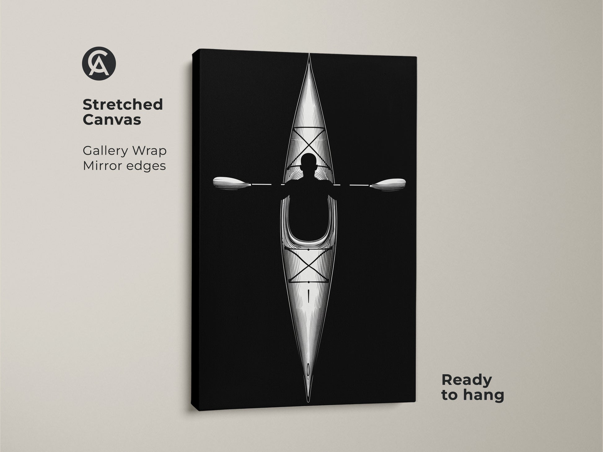 Stretched canvas featuring minimalist kayak line artwork. The black and white paddler print with gallery wrap and mirror edges is ready to hang. Great modern minimalist art.