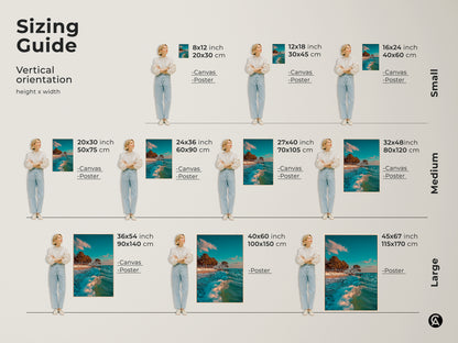 Sizing guide for vertical teal blue ocean wave canvas and poster art. Find the perfect fit for your space with small medium and large options. Visualize how the artwork will look with the help of a model. Enhance your bedroom or living room with this coastal beach landscape art.